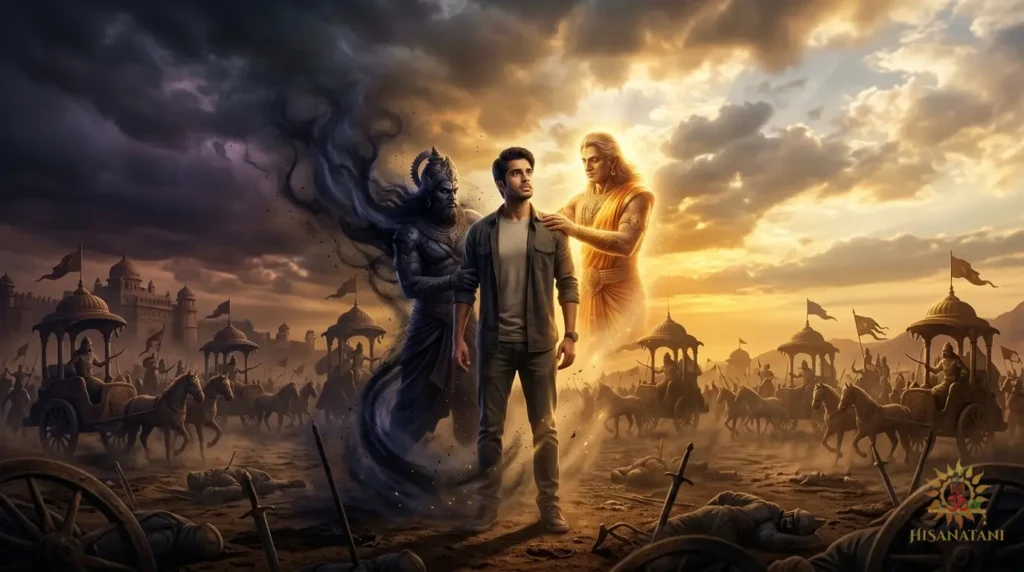 A solitary figure pauses at an ancient stone crossroads beneath a stormy sky in this BG1.23 Summary visual on Inner Conflict and Spiritual Decision Making.