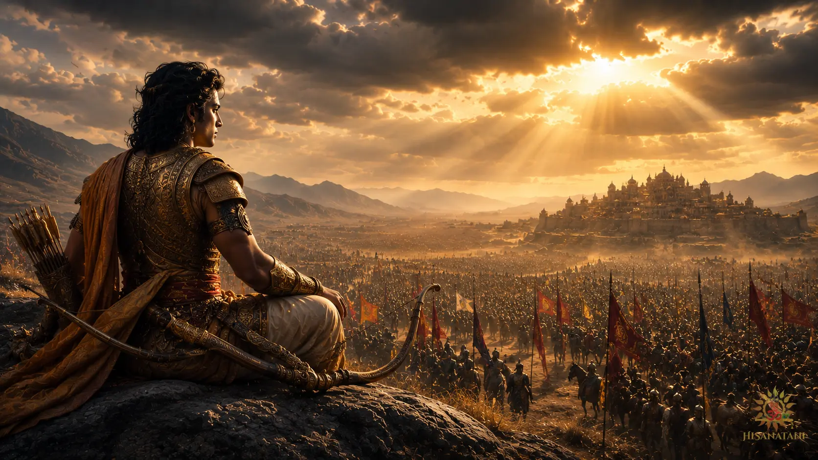 Elders, teachers, and warriors gather at Kurukshetra at sunrise in this Bhagavad Gita 1.23 Summary scene of Kurukshetra Wisdom and the moral weight of old allegiances and Moral Choices.