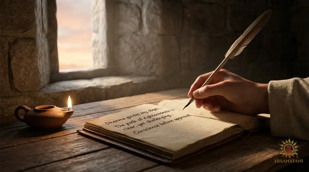 A hand writes in an open journal by lamplight at dawn, reflecting Bhagavad Gita Life Lessons from Bhagavad Gita 1.23 Summary on Inner Conflict and listening to conscience before choosing.