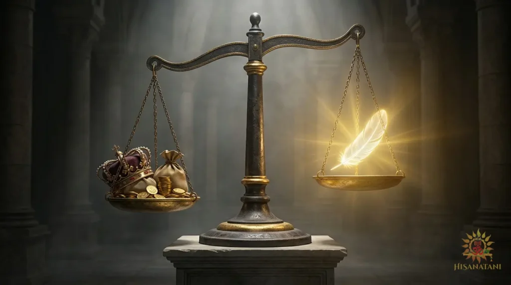 An ancient iron scale weighs a royal crown against a single glowing feather of truth in a temple hall, illustrating Bhagavad Gita 1.23 Summary dharma and the weight of Moral Choices.