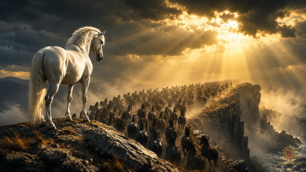 A lone white horse steps away from a dark rushing herd at a cliff's edge, evoking Bhagavad Gita Chapter 1 verse 23 Summary wisdom on Moral Choices and resisting blind conformity.