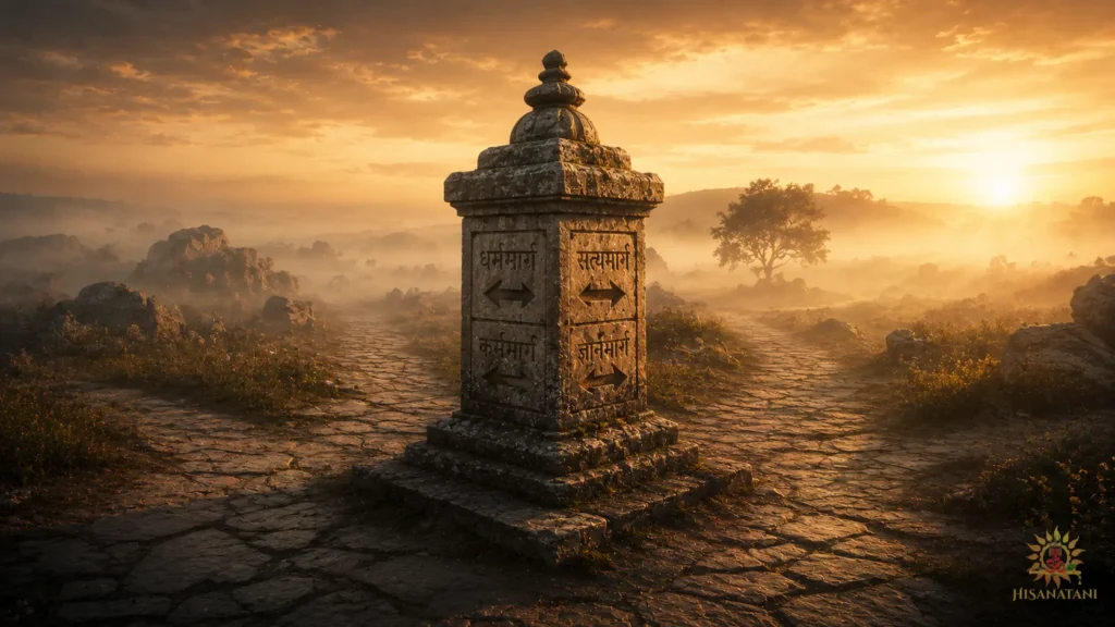 A solitary ancient stone marker standing resolute at a misty crossroads at dawn, representing Bhagavad Gita Summary 1.24-25 and the meaning of a strategic pause in daily life.A single important task waiting on a desk at sunrise, Bhagavad Gita Summary 1.24-25, illustrating Decision Making in Bhagavad Gita and Overcoming Decision Paralysis.A single important task waiting on a desk at sunrise, Bhagavad Gita Summary 1.24-25, illustrating Decision Making in Bhagavad Gita and Overcoming Decision Paralysis.