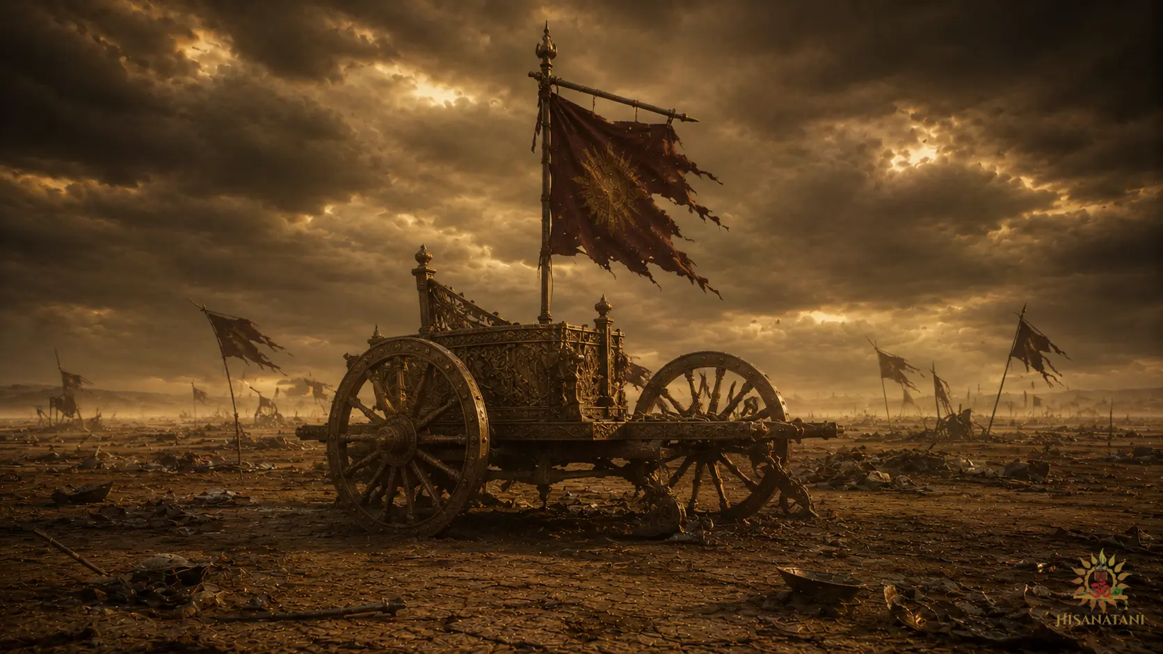 Weathered ancient battle standards and bronze wheels standing silent on a dusty plain, reflecting the historical reality of Bhagavad Gita Summary 1.24-25. Bhishma and Drona stand before Krishna's chariot at Kurukshetra, Bhagavad Gita Summary 1.25, exploring the Bhagavad Gita 1.25 Meaning and Krishna and Arjuna Dialogue.