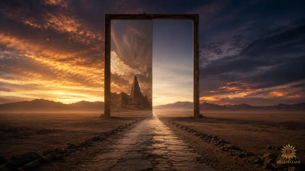 A giant desert mirror revealing reality beyond illusion, Bhagavad Gita Summary 1.24, exploring the Bhagavad Gita 1.24 Meaning and Overcoming Decision Paralysis.Ancient stone gears aligning amidst a swirling sandstorm, a visual metaphor for Bhagavad Gita Summary 1.24-25 and Overcoming Decision Paralysis.