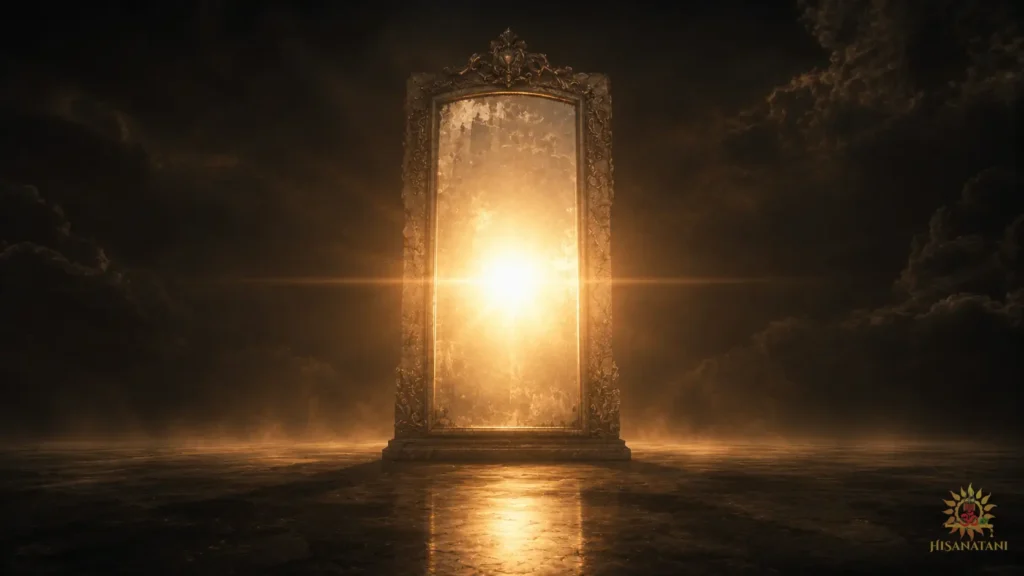 A colossal ancient mirror in a dark void reflecting brilliant golden light, capturing Bhagavad Gita Summary 1.24-25 and the Bhagavad Gita 1.24 Meaning of facing reality.