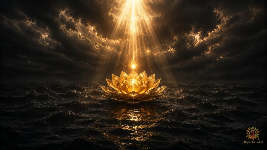 A luminous lotus glowing in dark waters beneath a sacred flame and descending celestial light, representing Bhagavad Gita Summary 1.24-25 and Divine Guidance in moments of fear.Weathered ancient battle standards and bronze wheels standing silent on a dusty plain, reflecting the historical reality of Bhagavad Gita Summary 1.24-25.