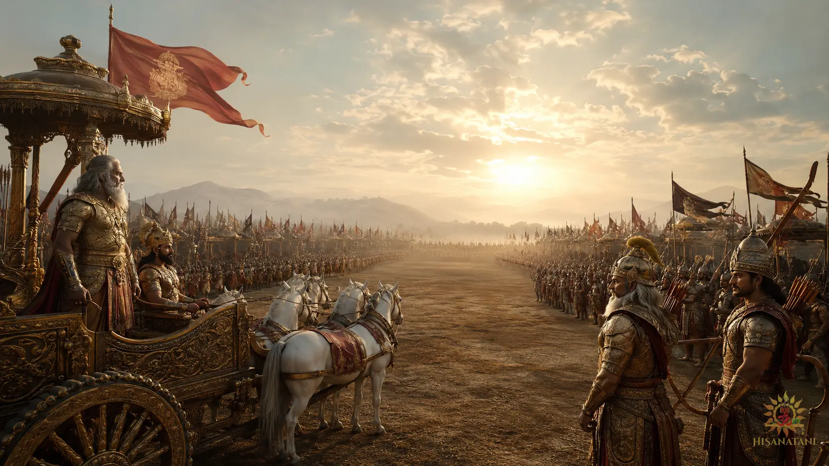 Kurukshetra battlefield with Bhishma and Drona among assembled armies before the first arrow, this Bhagavad Gita 1.26 Summary image captures history's turning point.