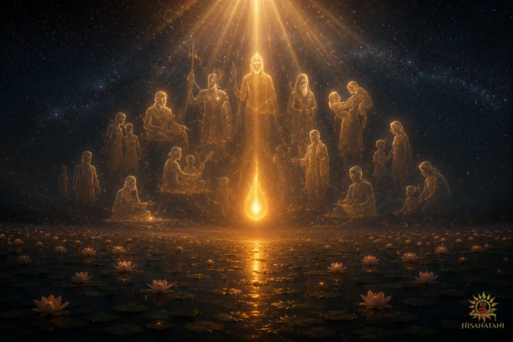 A radiant flame above a dark lotus lake with dissolving silhouettes of human roles, illustrating the eternal soul in this Bhagavad Gita 1.26 Summary scene.