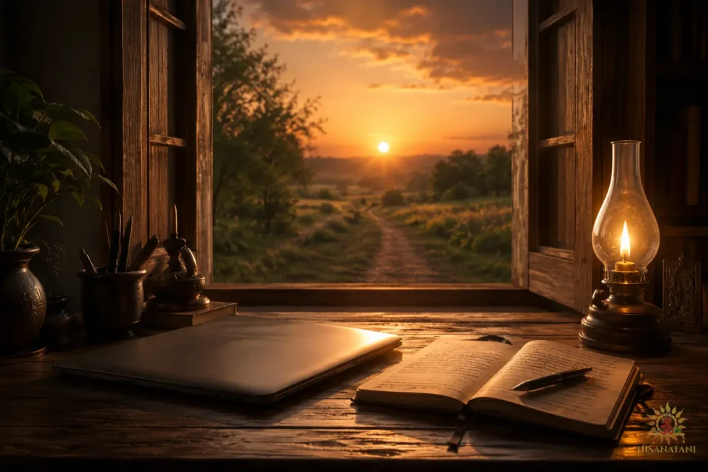 A closed laptop, journal, and glowing oil lamp beside a window path at sunset, reflecting healthy boundaries in this Bhagavad Gita 1.26 Summary scene.