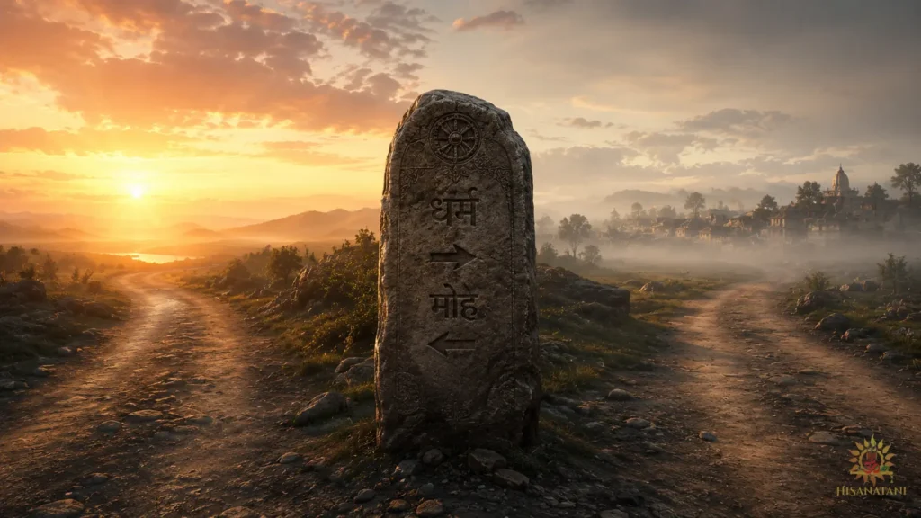 Ancient crossroads stone with one path toward sunrise and one toward a misty village, a Bhagavad Gita 1.26 Summary image of hesitation between duty and attachment.