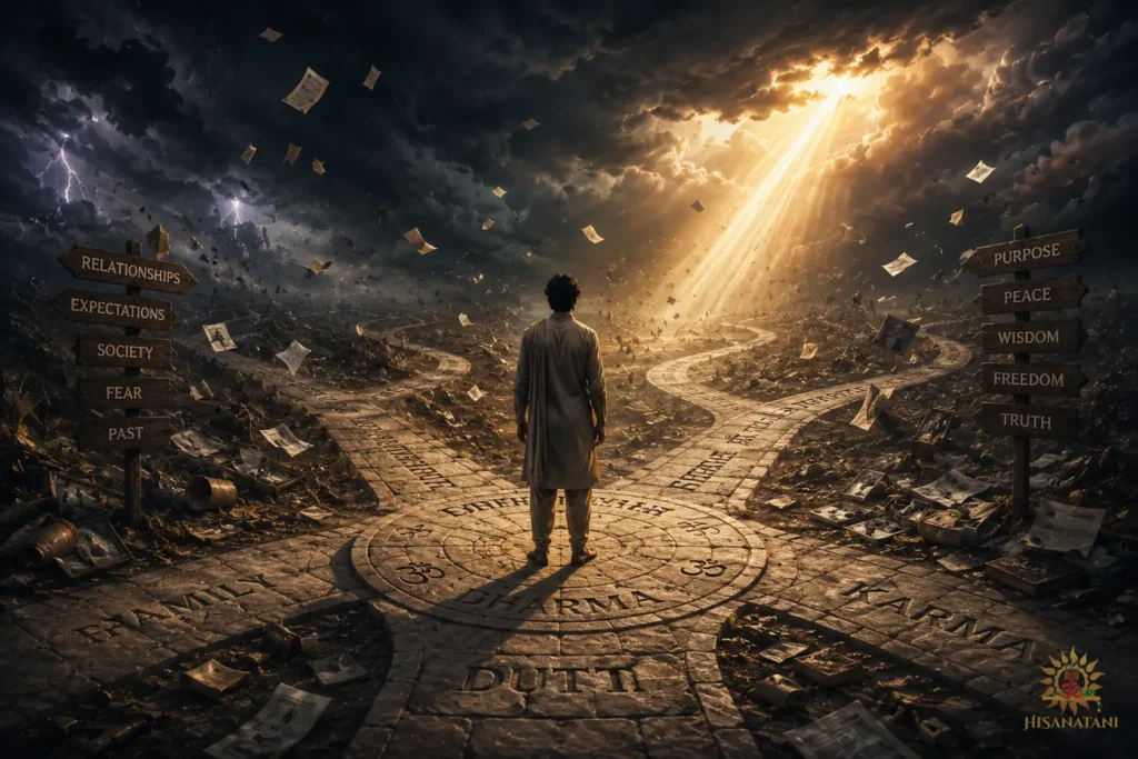 A lone figure beneath swirling storm clouds and converging paths, this Bhagavad Gita 1.26 Summary scene reflects mental overload and competing loyalties.