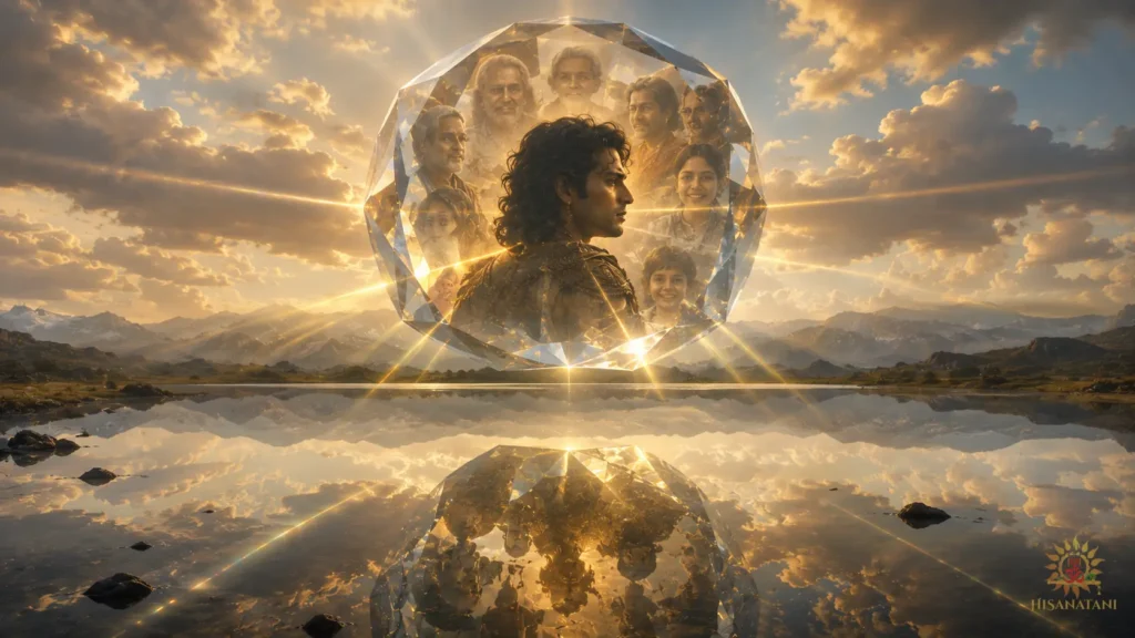 A crystal mirror floating above a still lake, reflecting familiar faces against objective reality, for this Bhagavad Gita 1.26 Summary exploration of perception.