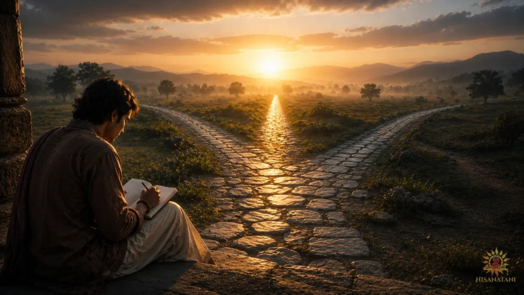 A person journaling beside three paths at sunrise before choosing the brightest way, reflecting workplace stress wisdom in Bhagavad Gita 1.27 Summary
