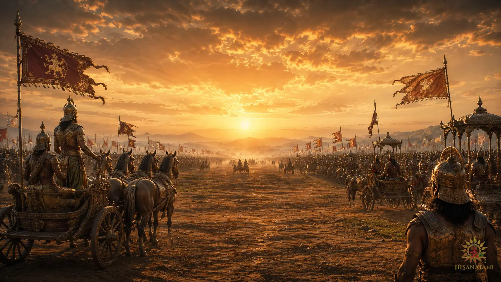Ancient armies facing familiar warriors and elders across the Kurukshetra battlefield at sunrise, Kurukshetra battlefield, Bhagavad Gita 1.27 Summary