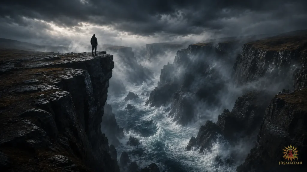 Silhouette overlooking a turbulent canyon of crashing waves, capturing anticipatory anxiety, Bhagavad Gita for anxiety, Bhagavad Gita 1.27 Summary