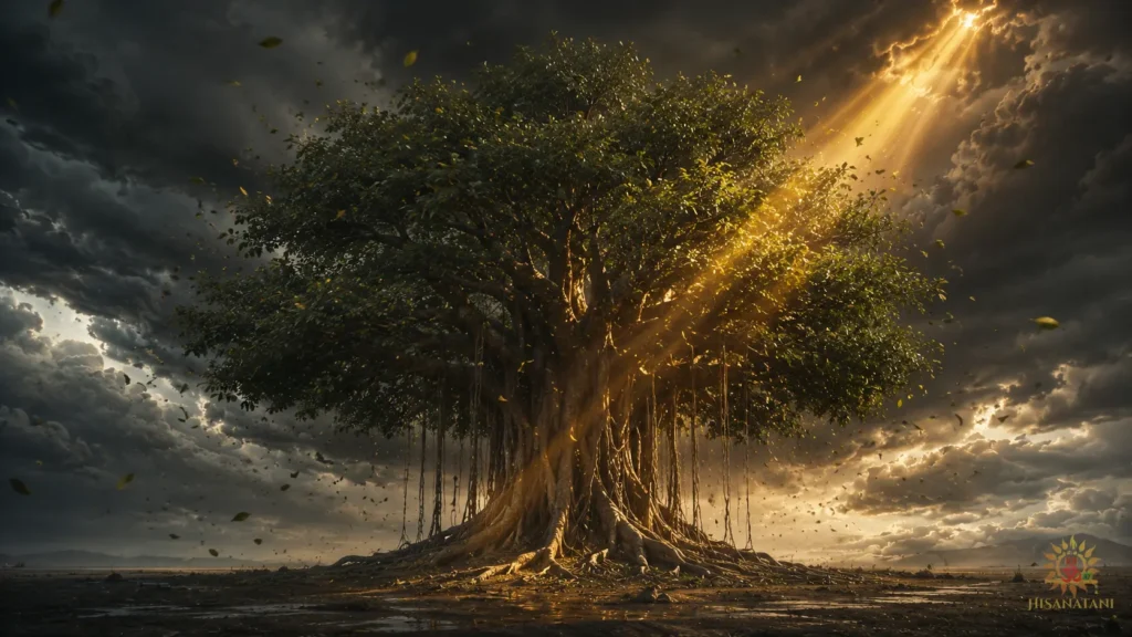 Ancient banyan tree trembling in a gathering storm, reflecting inner turmoil in Bhagavad Gita Chapter 1 Verse 27, emotional conflict.