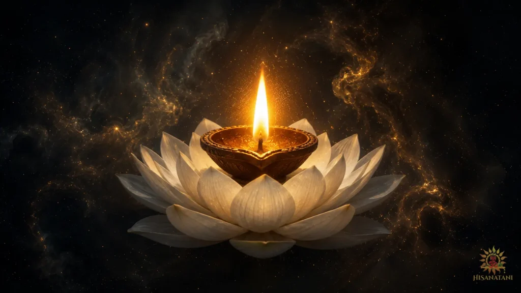 Glowing clay lamp illuminating a white lotus in cosmic darkness, showing the spiritual meaning of compassion in Bhagavad Gita 1.27 Summary