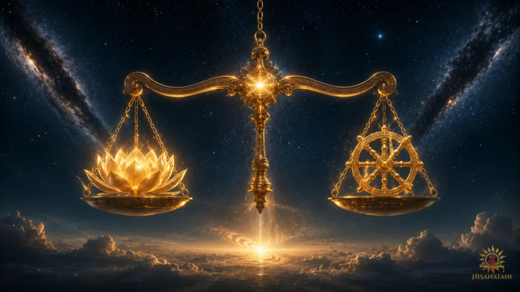 Golden cosmic scale balancing a lotus of love against a dharma wheel of duty, illustrating duty vs attachment in Bhagavad Gita 1.27 Summary