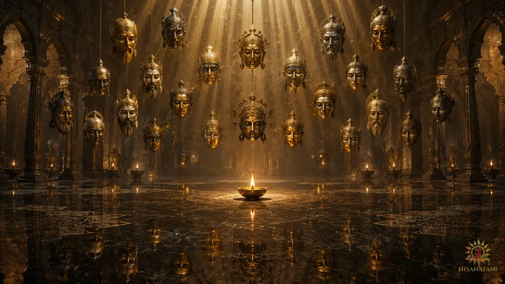 Ornate masks of warrior, teacher, and scholar float above a single untouched flame, Bhagavad Gita 1.28-29 Summary