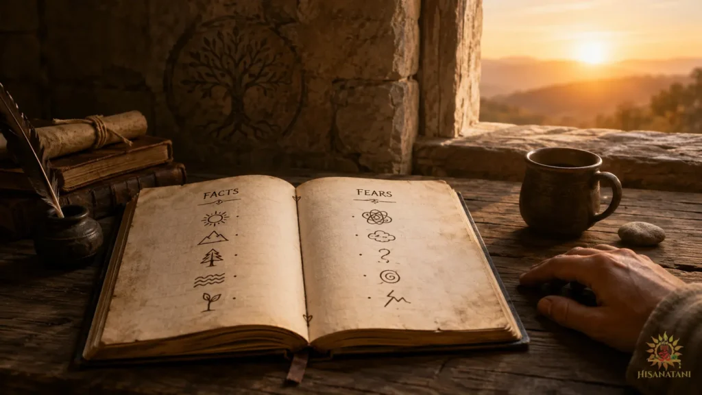 An open journal and calm resting hand sit beside a sunrise window, separating fact from fear, Bhagavad Gita 1.28-29 Summary