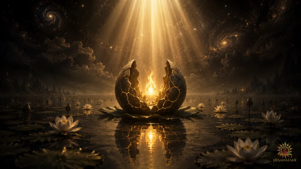 A soul-flame glows above a tranquil lotus pond as golden cracks spread across its stone shell, Bhagavad Gita 1.28-29 Summary