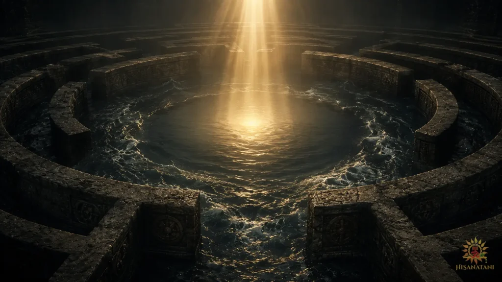 Turbulent water inside an ancient stone labyrinth calms as golden light strikes its center, Bhagavad Gita 1.28-29 Summary