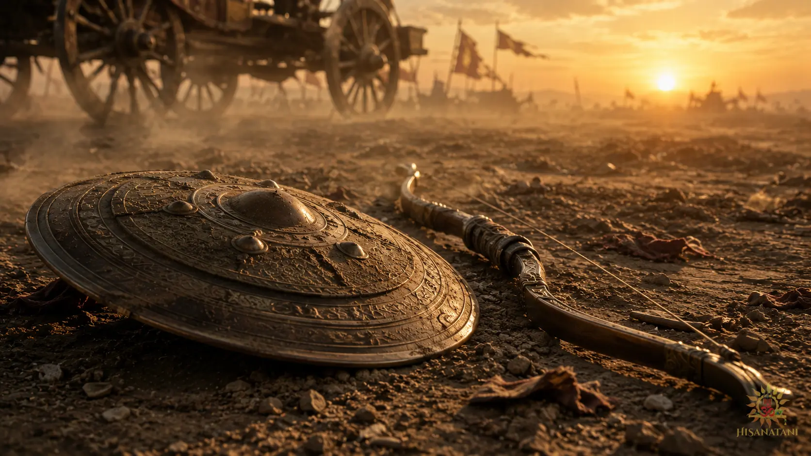 A weathered bronze shield and ancient bow rest in the dust of Kurukshetra at dawn, Bhagavad Gita 1.28-29 Summary