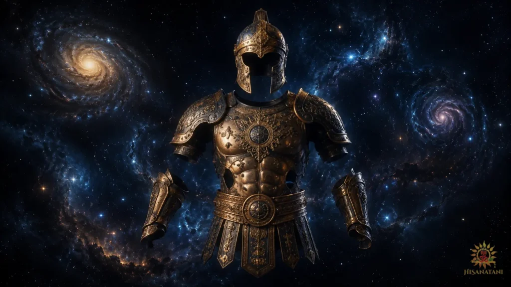 Empty ancient bronze armor floats in a vast cosmic void reflecting distant galaxies, Bhagavad Gita 1.28-29 Summary