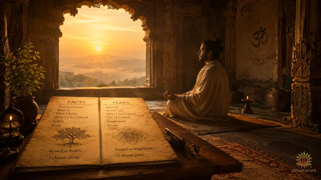 A peaceful morning of breathwork and journaling by sunrise light, reflecting Bhagavad Gita for anxiety and emotional resilience.