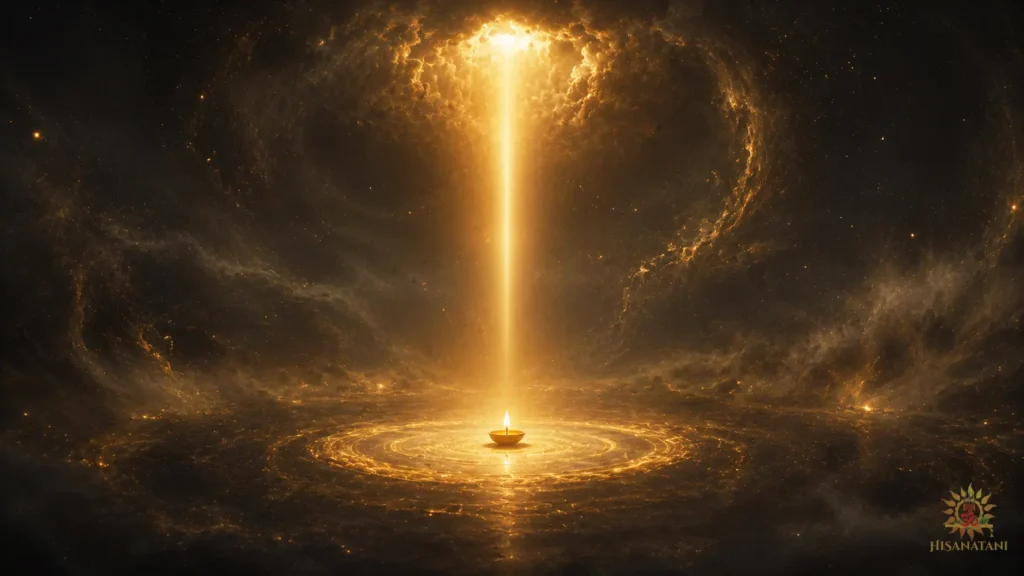 A single golden diya burns steadily inside an infinite cosmic void, symbolizing the spiritual meaning of Bhagavad Gita 1.30 Summary
