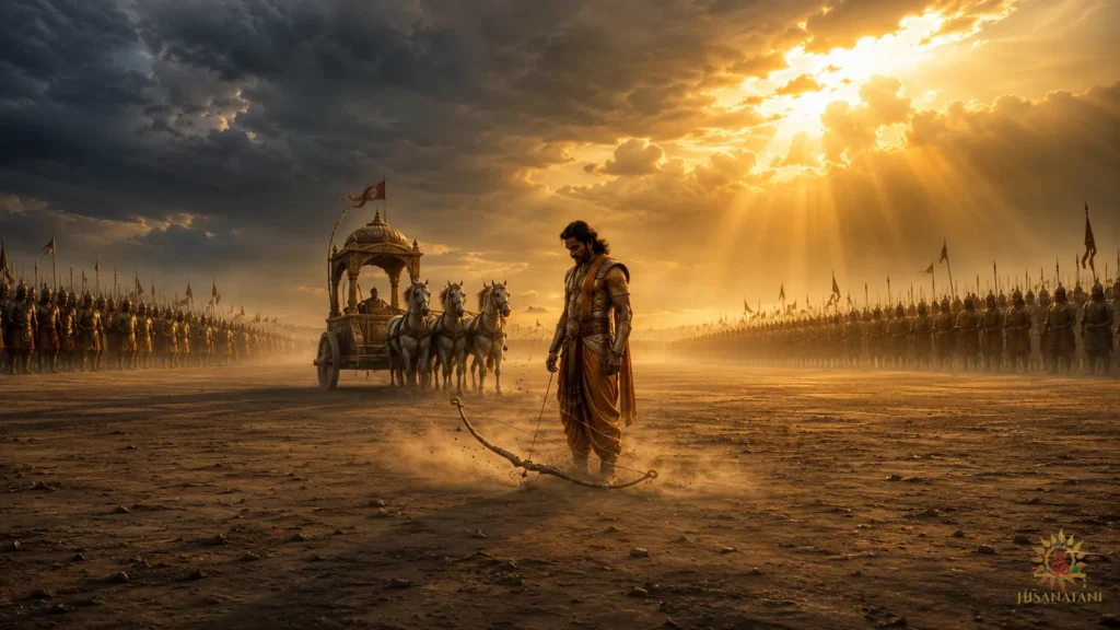 A lone warrior's bow slips into battlefield dust beneath a storm-split sky, capturing the Bhagavad Gita 1.30 Summary and inner conflict.