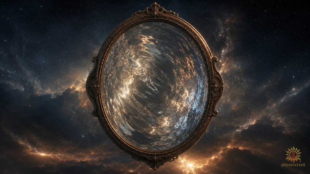 A distorted bronze mirror floats in cosmic stardust, reflecting fractured light and the spiritual meaning of Bhagavad Gita Chapter 1 Verse 30.