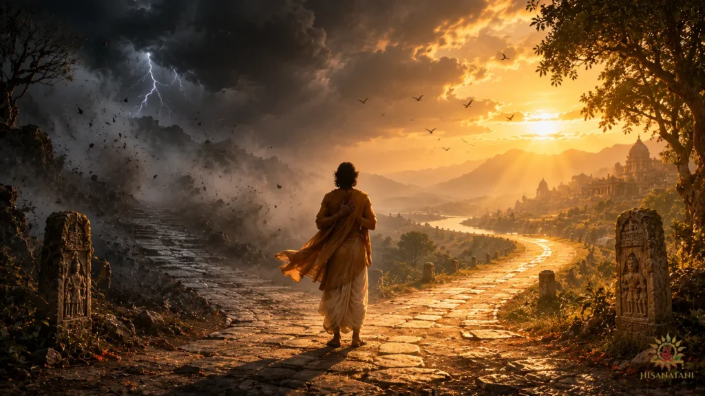 A silhouette stands frozen at a storm-swept stone crossroads between fear and light, reflecting mental stress in Bhagavad Gita 1.30 and emotional resilience.