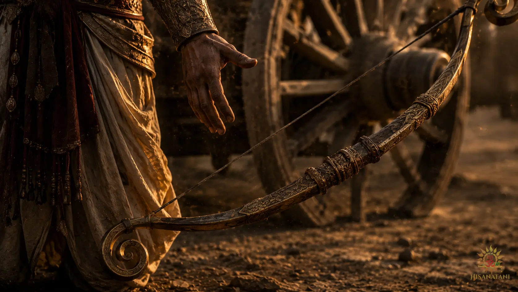 The legendary Gandiva bow slips from an anxious grip in the dust of Kurukshetra, showcasing Bhagavad Gita Chapter 1 Verse 30 history.