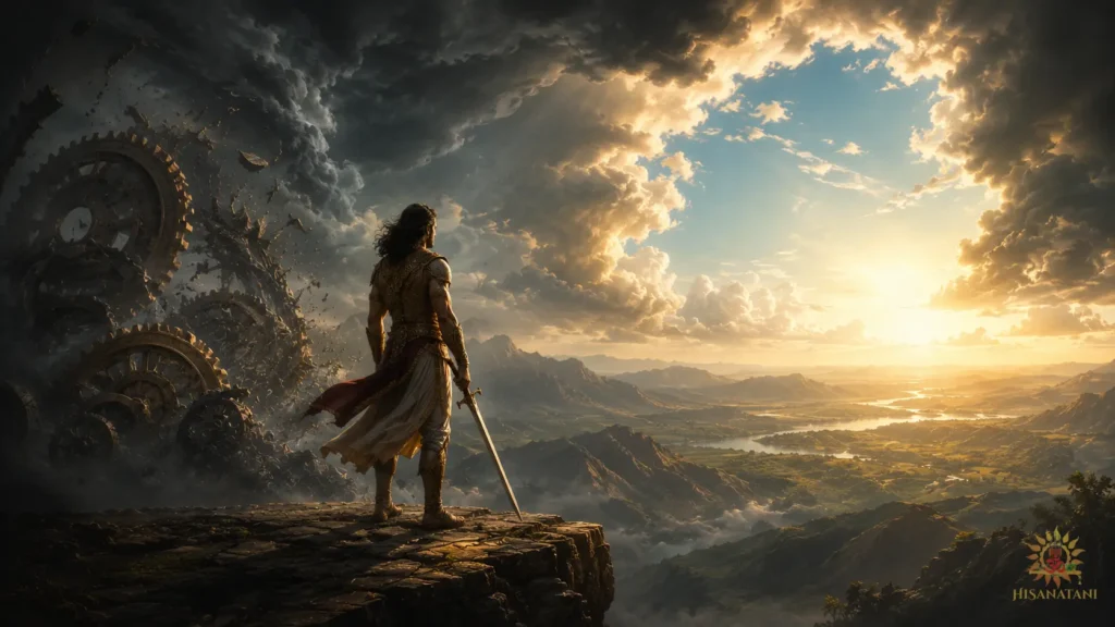 A warrior lowers his sword on a stormy cliff as calm sky opens ahead, depicting Bhagavad Gita 1.31 Summary and the moral dilemma within.
