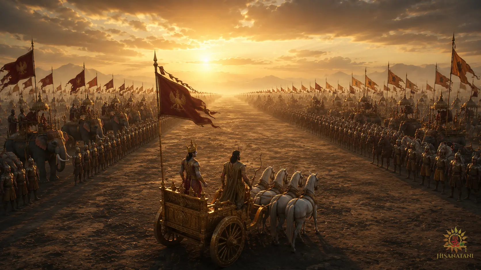 Ancient armies stand at dawn as Arjuna's chariot halts at Kurukshetra, grounding Bhagavad Gita 1.31 Summary in Bhagavad Gita Chapter 1 Verse 31.