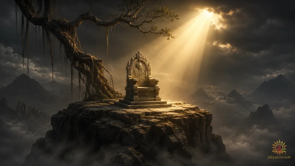 An empty stone throne stands alone on a storm-wrapped mountain peak in Bhagavad Gita 1.31 Summary, echoing Bhagavad Gita Chapter 1 Verse 31.