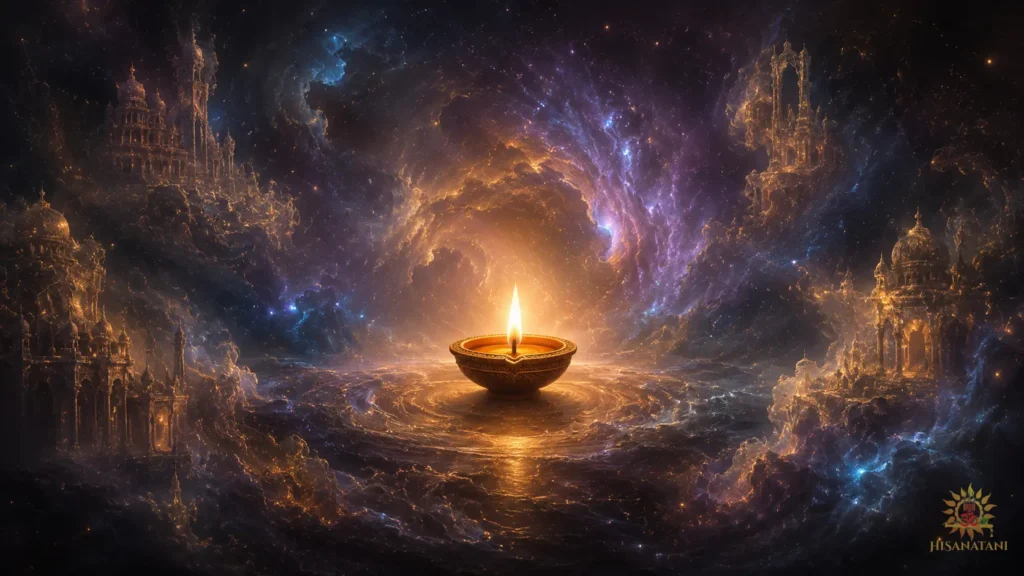 A clay diya glows steady amid a swirling cosmic storm in Bhagavad Gita 1.31 Summary, expressing Bhagavad Gita ultimate good shreyas.