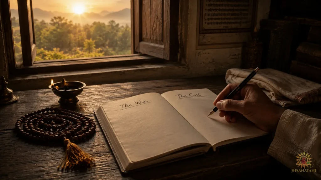 A hand journals "The Win" and "The Cost" by lamplight at sunrise, applying Bhagavad Gita 1.31 Summary to everyday moral dilemma.