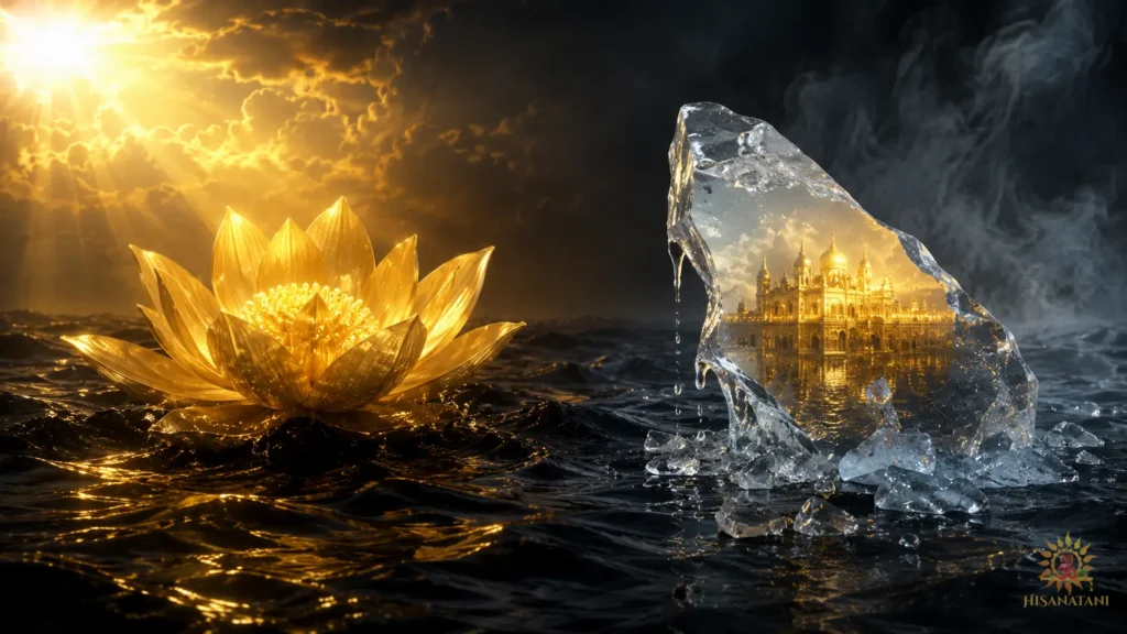 A golden lotus blooms beside a melting ice palace in dark water, illustrating Bhagavad Gita 1.31 Summary and Bhagavad Gita ultimate good shreyas.