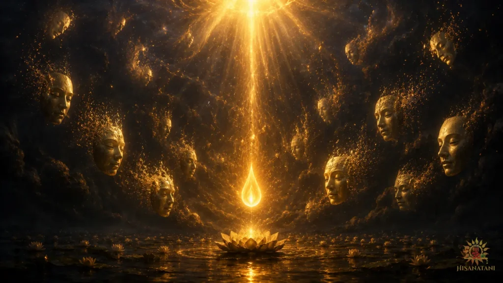 Divine flame rising above lotus waters, Bhagavad Gita 1.32 Summary, spiritual meaning of detachment, Bhagavad Gita Chapter 1 Verse 32.