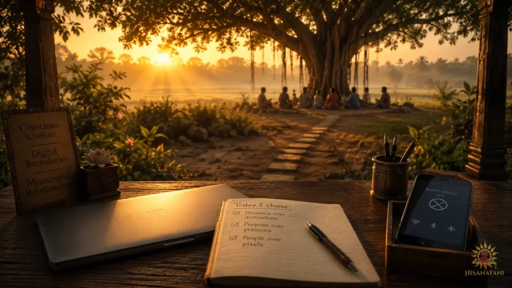 Sunrise desk and path toward loved ones, Bhagavad Gita 1.32 Summary, inner peace vs material success, burnout and Bhagavad Gita.