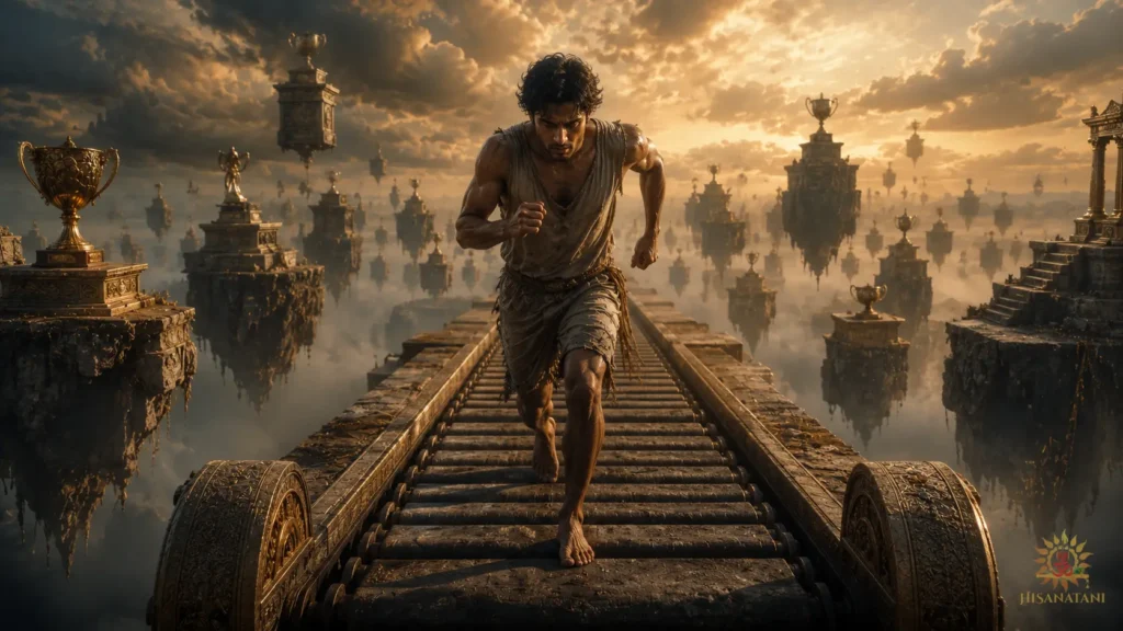 Exhausted figure trapped on a stone treadmill, Bhagavad Gita 1.32 Summary, burnout and Bhagavad Gita, success without purpose.
