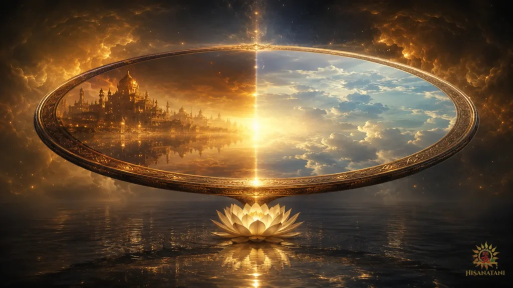 Cosmic mirror reflecting palaces and divine light, Bhagavad Gita 1.32 Summary, Bhagavad Gita meaning, purpose over achievement.