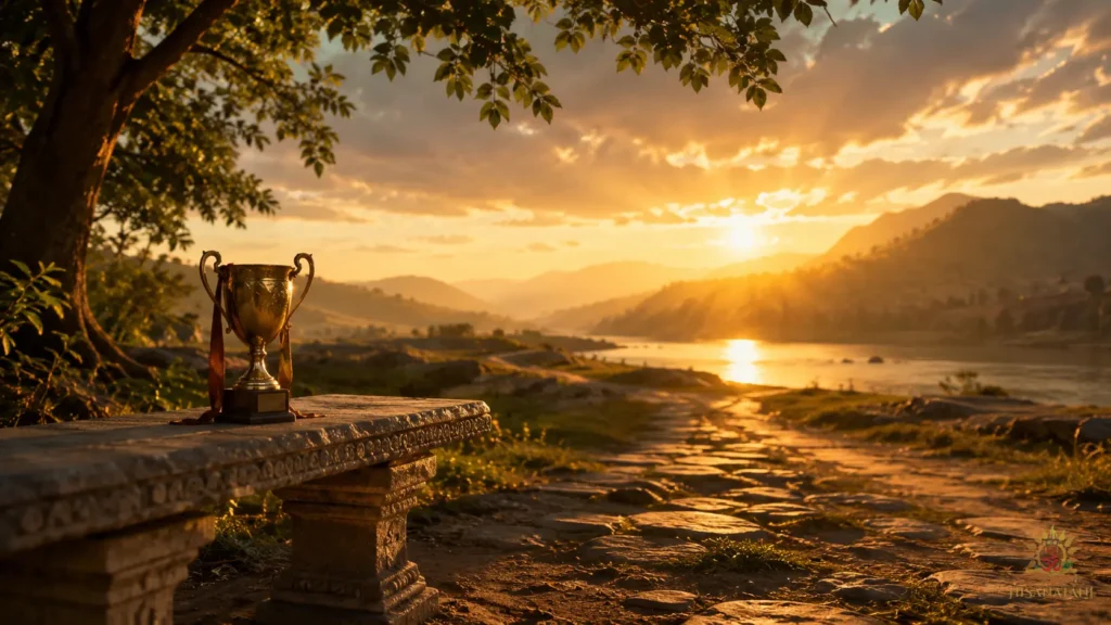 A forgotten trophy sits alone at sunset, illustrating Bhagavad Gita 1.32 Summary and inner peace vs material success.