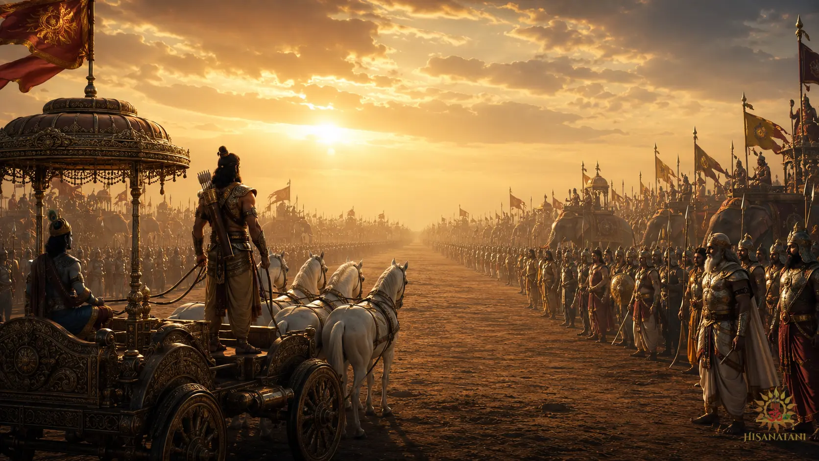 Arjuna sees loved ones across Kurukshetra in Bhagavad Gita 1.33 Summary, highlighting Bhagavad Gita Chapter 1 Verse 33 and success and relationships.