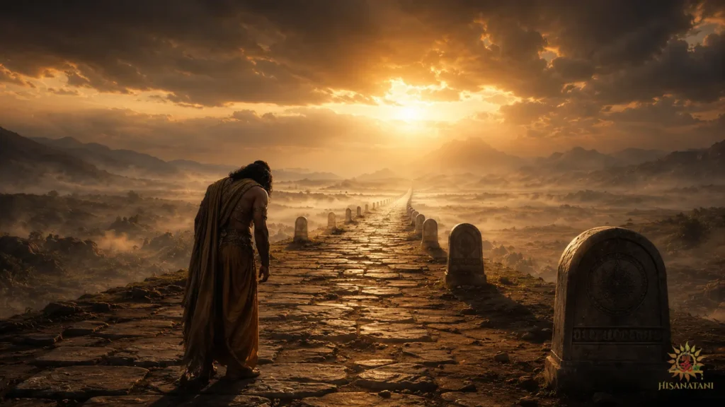A weary traveler on an endless road in Bhagavad Gita 1.33 Summary, reflecting work-life balance and hustle culture burnout.