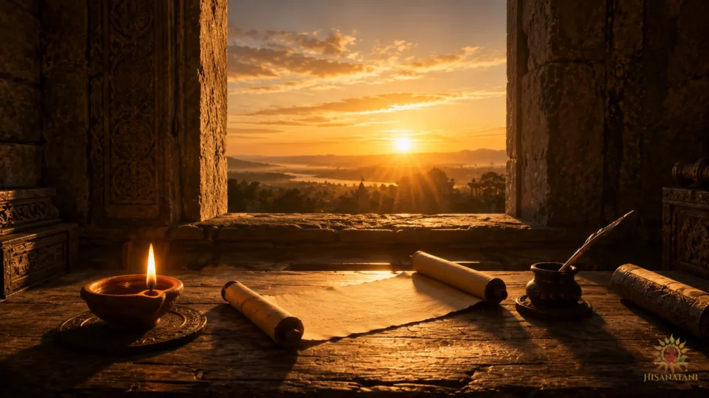 A clay diya burning peacefully beside a blank scroll at dawn helps define a true purpose of life spiritual meaning.Bhagavad Gita 1.33 Summary