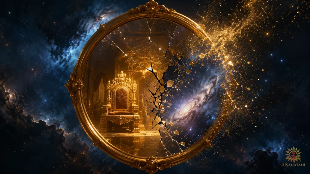 A cosmic mirror fractures to reveal a starry sky, exploring the deep Bhagavad Gita 1.33 meaning behind our material desires.