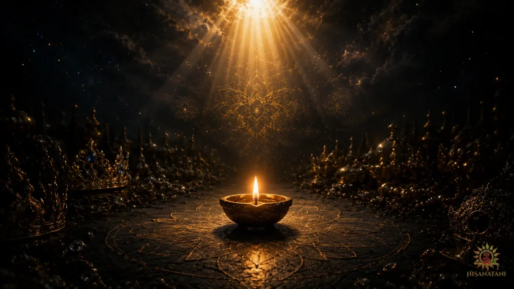 A sacred flame shining beyond worldly treasures in Bhagavad Gita 1.33 Summary, reflecting finding meaning and soft life wisdom.